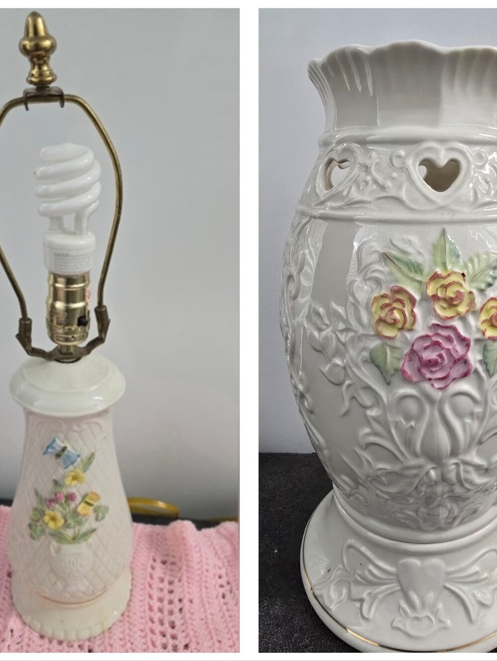 Irish Belleek Floral Ceramic Lamp Set